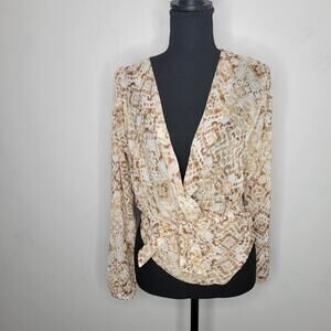 Windsor Womens Top Tie Front Sheer Brown Tan Size Small Boho Chic Balloon Sleeve